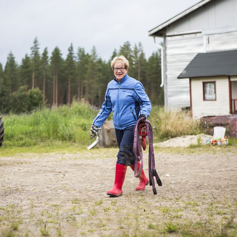 Vuokko Huumarkangas työskentelee miehensä kanssa karjatilallaan.