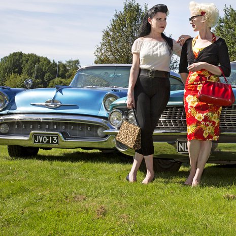 Toisiaan täydentävä kaksikko. Tummatukkaisen Netan sinivalkoinen Oldsmobile Holiday Sedan on vuodelta 1957. Vaalean Lotan auto on Cadillac Sedan Deville vuodelta 1961. Itse he eivät autojaan juuri fiksaile – miehet ovat sitä varten.