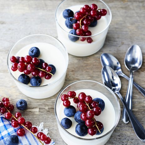 Makeat ja hapokkaat marjat ovat hyvä pari miedonmakuiselle piimähyytelölle.