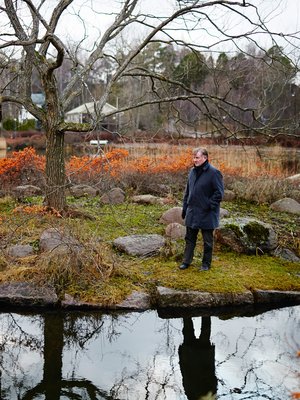 – Hyvä puisto on kaunis kaikkina vuodenaikoina, tietää Heikki Laaksonen. Taustalla loimuaa tyrnimarja. 