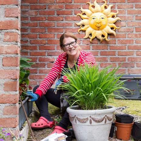 Muurin rajaama nurkka saa vihreyttä, kun Eija siirtää maassa talvehtineet tarhapäivänliljat, saniaiset ja kuunliljat kesäksi ruukkuihin.