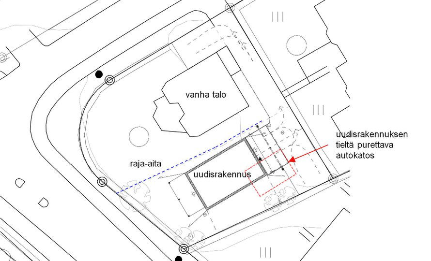 Tästä riisutusta asemapiirroksesta näkee, miten uusi talo sijoittuu tontille.