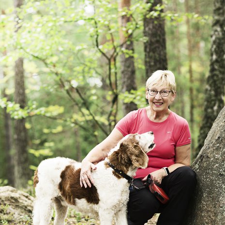 Lumikki Jokinen ulkoilee päivittäin walesinspringer spanieli Rollen kanssa.